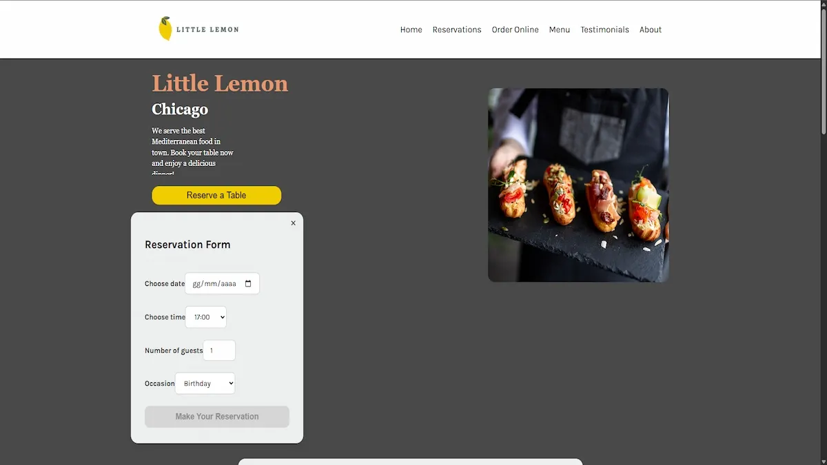 Screenshot del sito Little Lemon, un capstone project per la certificazione Frontend Meta.