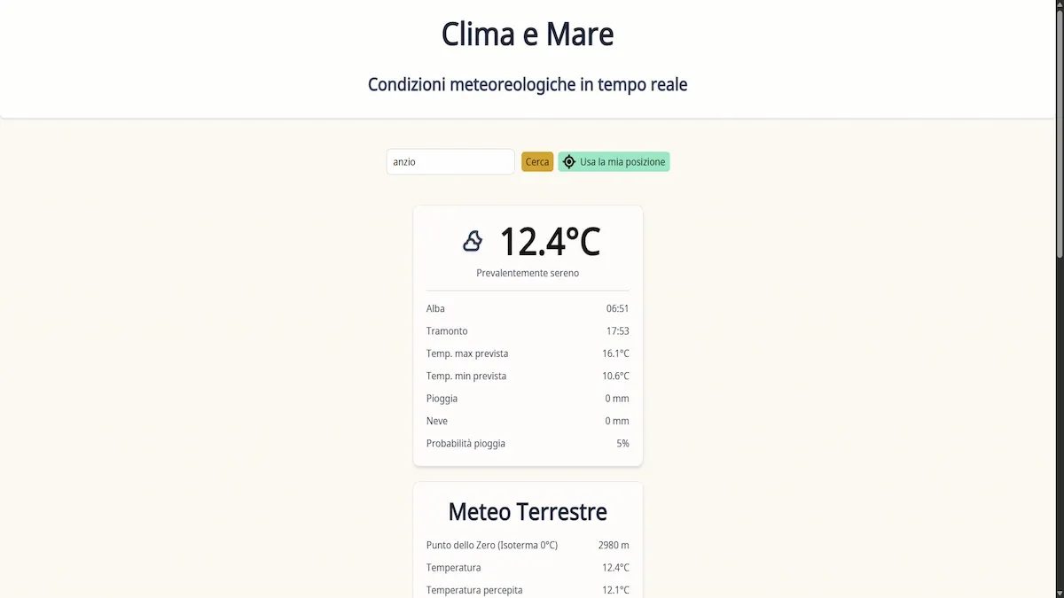 Screenshot dell'app meteo, fornisce dati meteo in tempo reale per mare e terra.