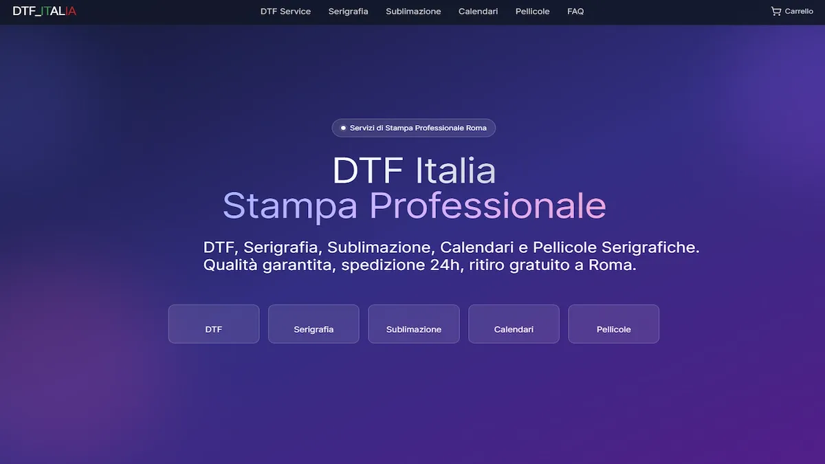 Screenshot del sito DTF Italia, e-commerce per la stampa professionale.