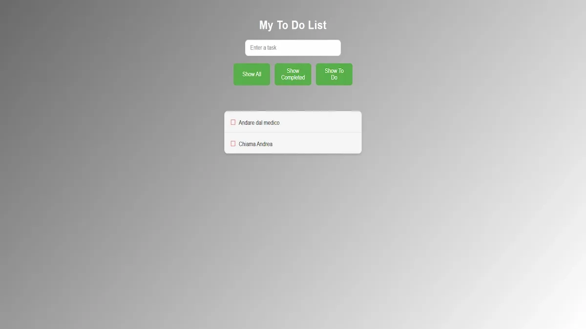 Screenshot dell'app To Do List Vanilla JS, permette di creare e gestire un elenco di task.